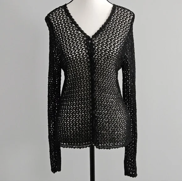 Vintage 90s Y2K Crochet Beaded Cardigan Black Women's M Boho Whimsigoth Festival - Picture 4 of 10